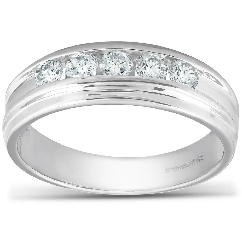 Ripple design ring-Pompeii3 10k White Gold 1/2 Ct TDW Diamond Channel Set Wedding Ring Mens Band