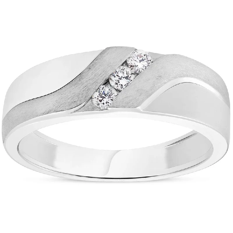 Satin marble ring-Pompeii3 10k White Gold 1/5ct TDW Diamond Mens Brushed Wedding Three Stone Ring Band