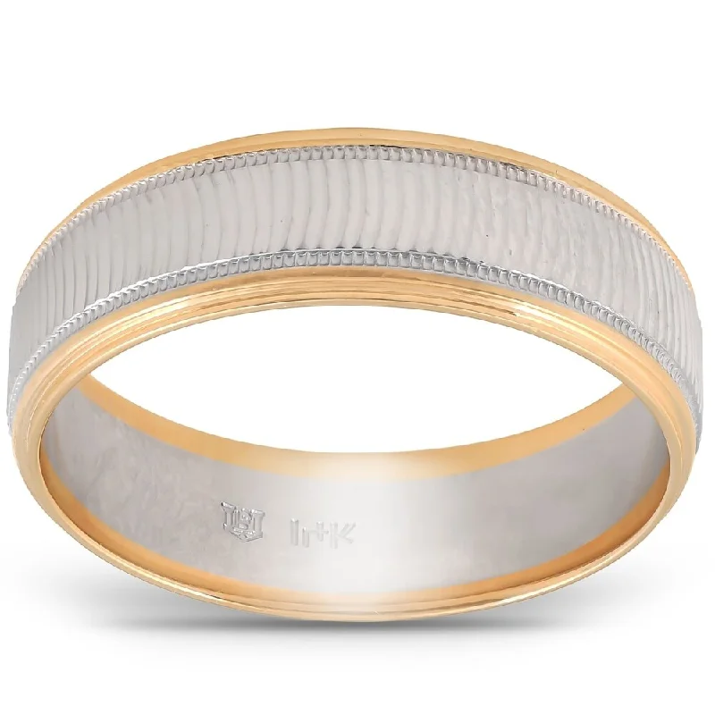 Nested stone ring-Pompeii3 10k Yellow Gold Mens Brushed Two Tone Curved Wave Design Ring Wedding Band 6MM Wide Comfort Fit