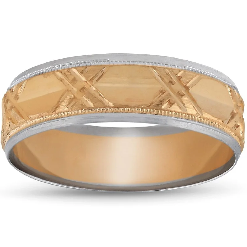 High gem ring-Pompeii3 14k White & Rose Gold Two Tone Mens 6mm Hand Carved Wedding Band