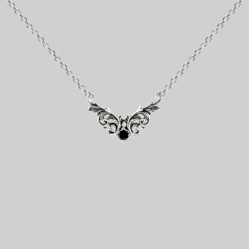 Divided chain necklace-QUENTIN. Ornate Flourish Chevron Onyx Collar - Silver