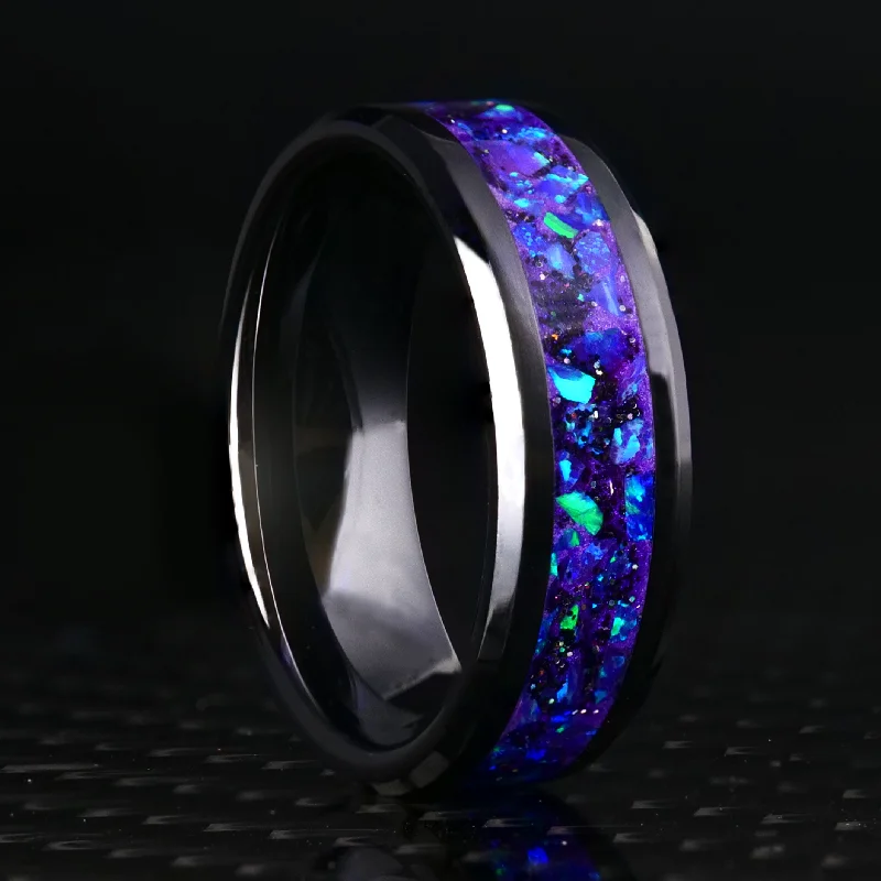 Polished palladium ring-Radiant Lavender Opal Glowstone Ring on Black Ceramic