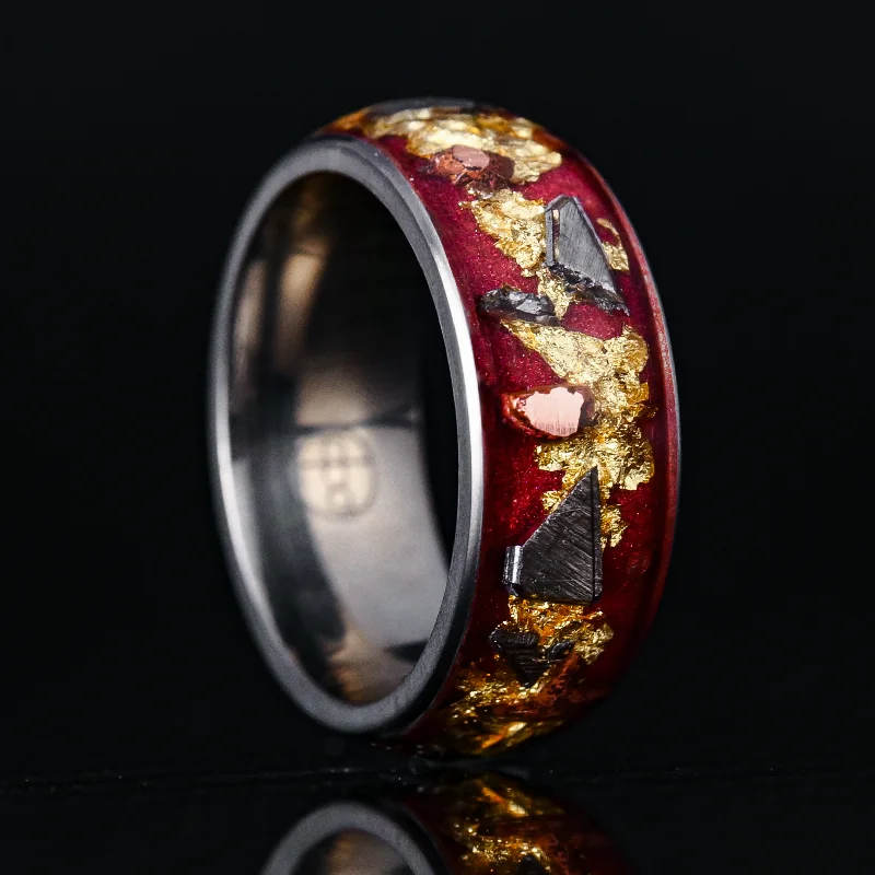 Satin marble ring-Regal Halo Glowstone Ring on Titanium | Meteorite, Copper, and Gold Leaf