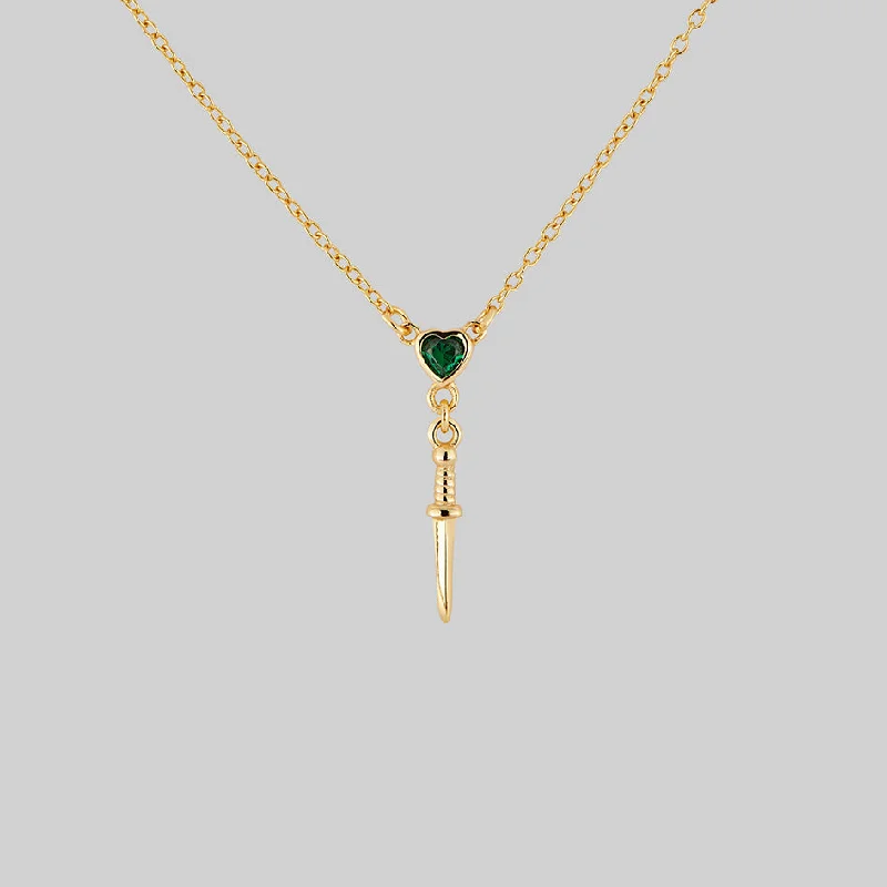 Scratched-edge necklace-REIGN. Green Heart & Dagger Drop Necklace - Gold