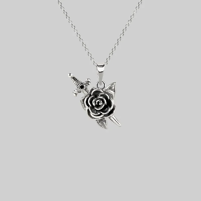 Forged gold necklace-RHAPSODY. Dagger Through Rose Necklace - Silver