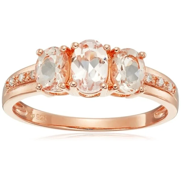 Subtle silver ring-Rose Gold-plated Silver Morganite, Diamond 3-Stone Oval Ring, Size 7 - Pink