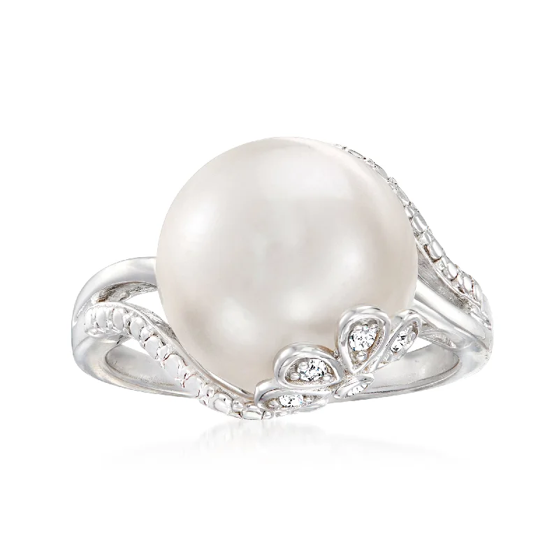 Luminous gem ring-Ross-Simons 12-12.5mm Cultured Pearl Ring With Diamond Accents in Sterling Silver