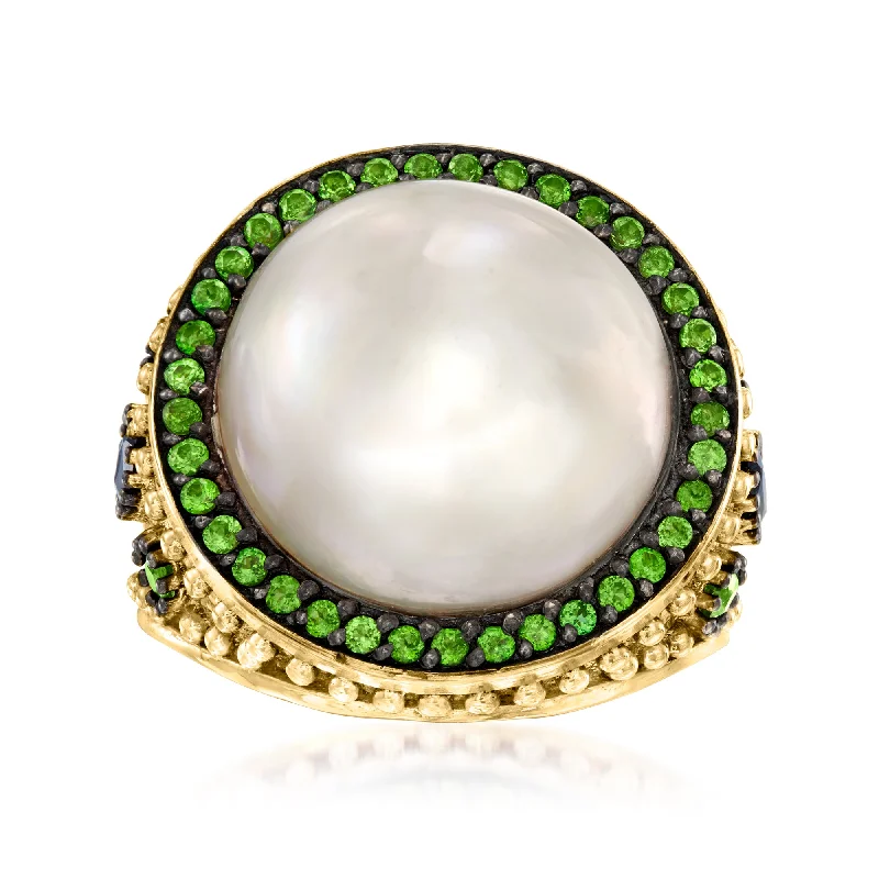 Frosty aquamarine ring-Ross-Simons 15mm Cultured Mabe Pearl and . Chrome Diopside Ring With . Sapphires in 18kt Yellow Gold Over Sterling