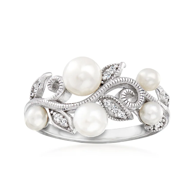 Bezel-rim ring-Ross-Simons 3-5.5mm Cultured Pearl Leaf Ring With Diamond Accents in Sterling Silver