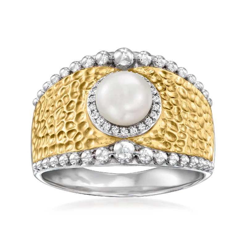 Smooth sweep ring-Ross-Simons 6-6.5mm Cultured Pearl Beaded Ring With Diamond Accents in Sterling Silver and 18kt Gold Over Sterling