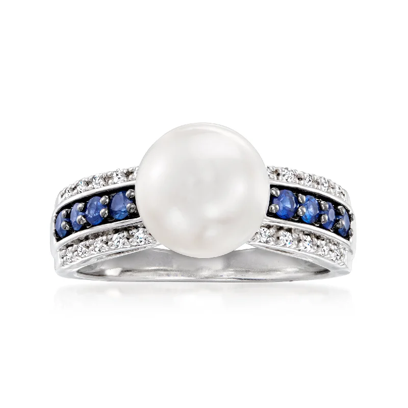 Twisted knot ring-Ross-Simons 8.5-9mm Cultured Pearl, . Sapphire and . Diamond Ring in Sterling Silver