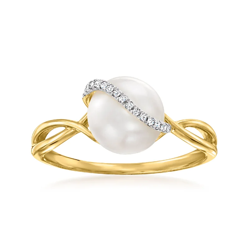 Fern frond ring-Ross-Simons 8-8.5mm Cultured Pearl Ring With Diamond Accents in 14kt Yellow Gold