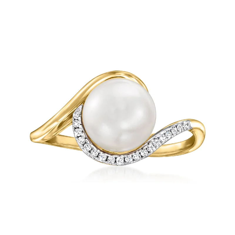 Ripple design ring-Ross-Simons 8-8.5mm Cultured Pearl Ring With Diamond Accents in 14kt Yellow Gold