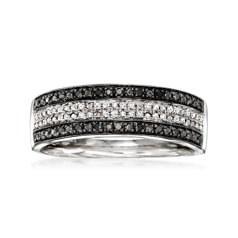 Curved design ring-Ross-Simons Black and White Diamond Striped Ring in Sterling Silver