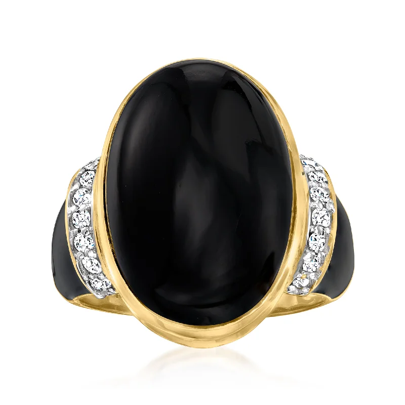 Embedded ring-Ross-Simons Black Onyx and Diamond Ring With Black Enamel in 18kt Gold Over Sterling