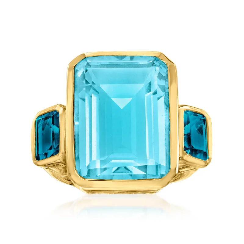 Hovering diamond ring-Ross-Simons Blue Quartz and London Blue Topaz 3-Stone Ring in 18kt Gold Over Sterling