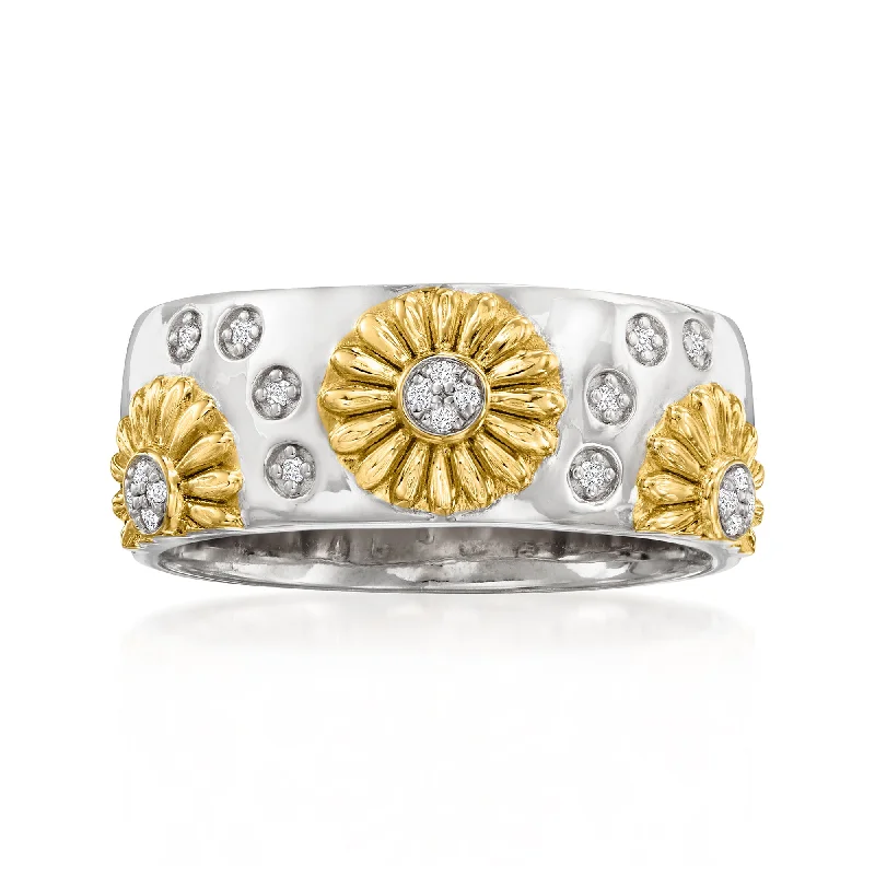 Glossy gem ring-Ross-Simons Diamond-Accented Sunflower Ring in 2-Tone Sterling Silver