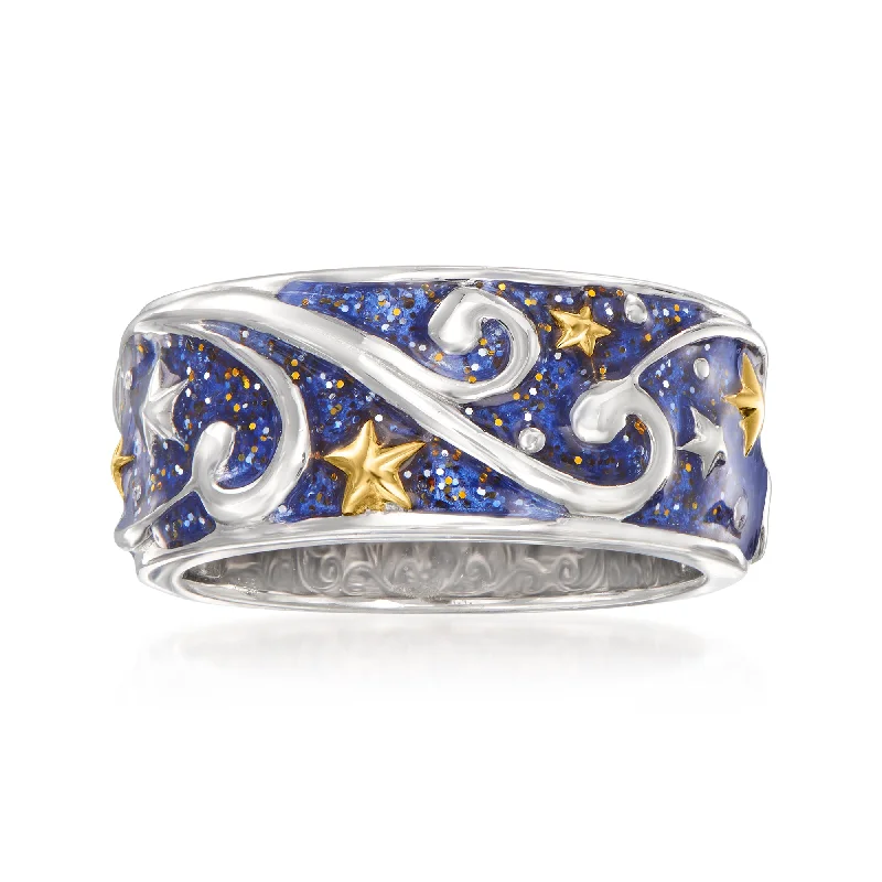 Bold emerald ring-Ross-Simons Glittery Blue Enamel Celestial Ring in 2-Tone Sterling Silver