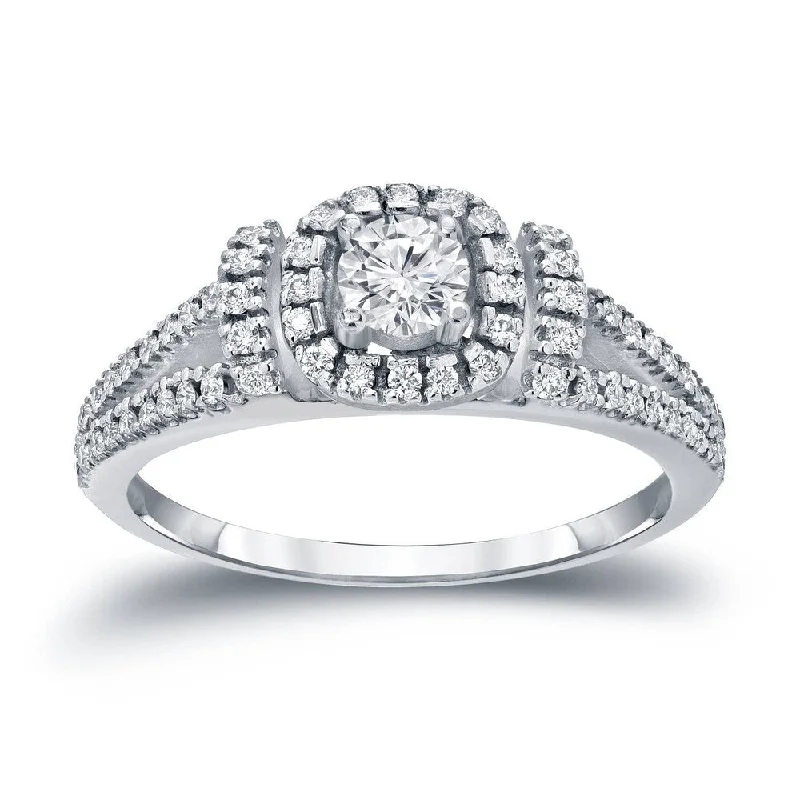 Scratched-edge ring-Round 1/2ct TDW Diamond Halo Engagement Ring in 14k Gold by Auriya