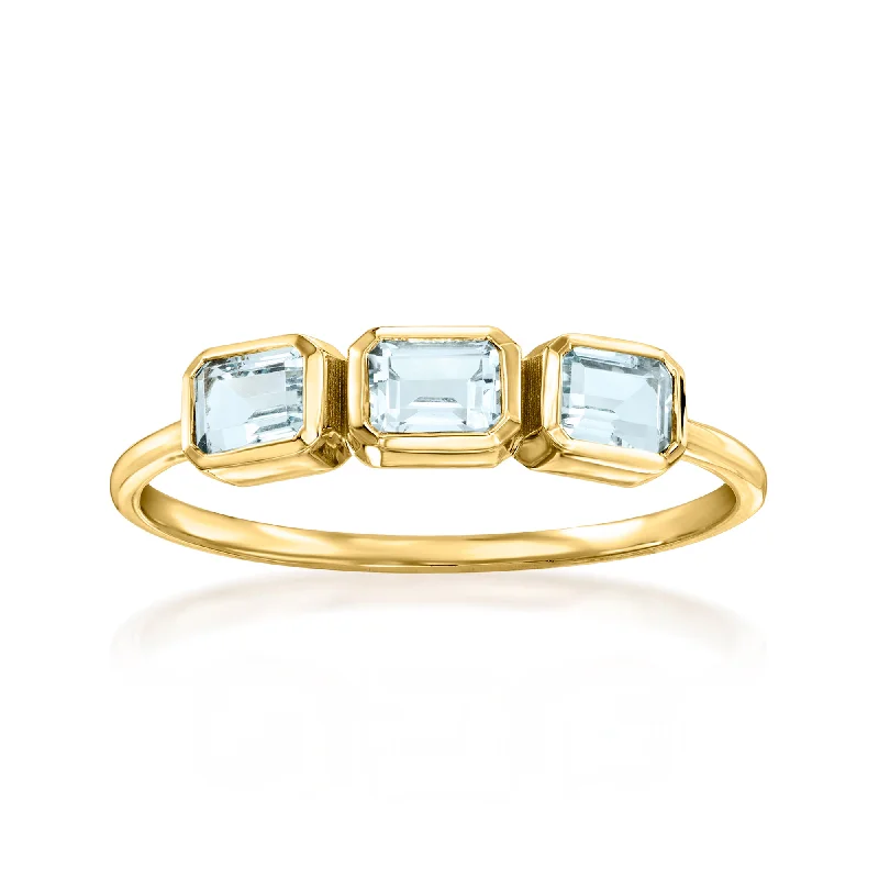 Radiant platinum ring-RS Pure by Ross-Simons Aquamarine 3-Stone Ring in 14kt Yellow Gold