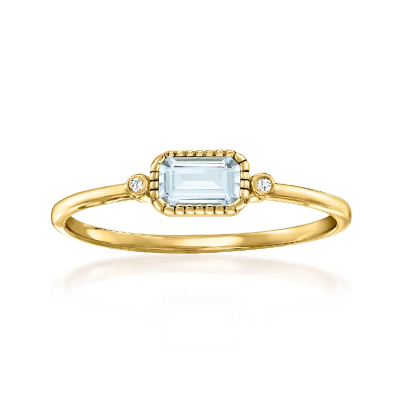 Curved design ring-RS Pure by Ross-Simons Bezel-Set Aquamarine Ring With Diamond Accents in 14kt Yellow Gold