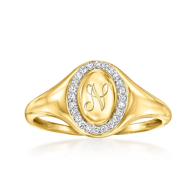 Forged gold ring-RS Pure by Ross-Simons Diamond Personalized Oval Signet Ring in 14kt Yellow Gold