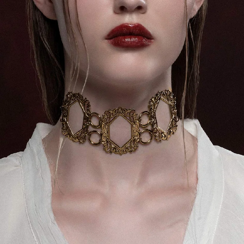 Rich rhodonite necklace-SANSA. Vampesque Gothic Caged Choker - Gold