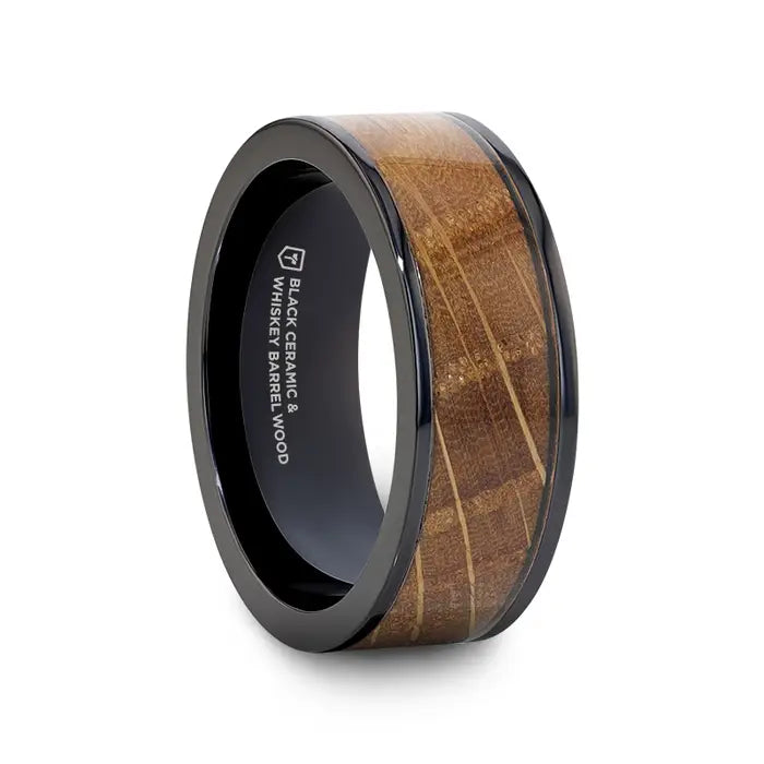 Radiant onyx ring-SCOTCH Black Ceramic Ring with Whiskey Barrel Wood Inlay- 8mm