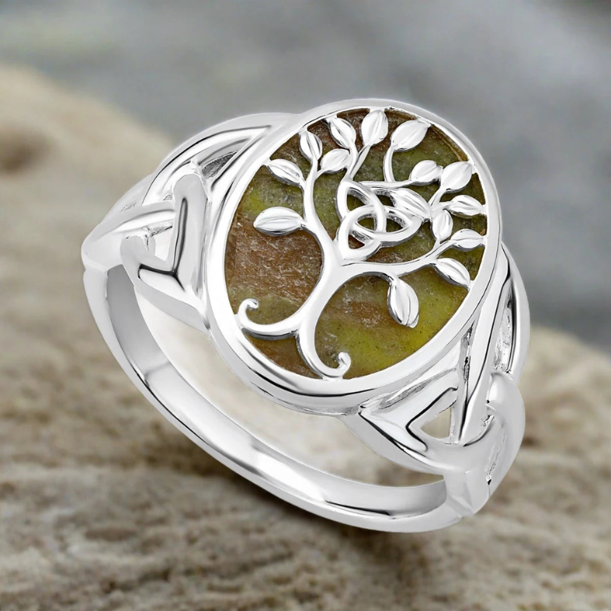 Lustrous quartz ring-Silver Connemara Marble Tree Of Life Ring