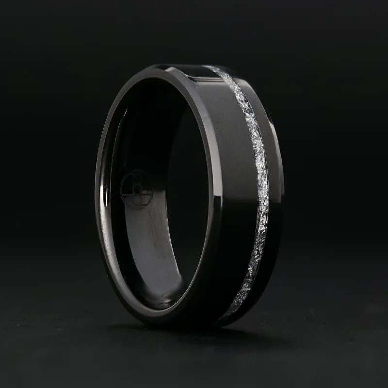 Subtle silver ring-Silver Leaf Ring on Black Ceramic | Offset Inlay