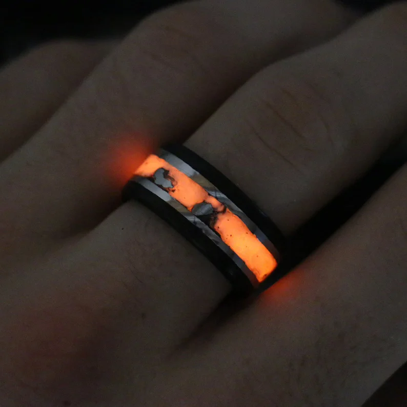 Crested band ring-Solar Eclipse Glowstone Ring | Carbon Fiber, Meteorite, and Sterling Silver