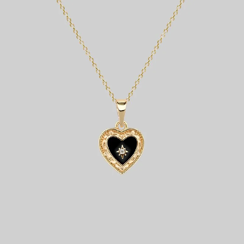 Glistening silver necklace-SOLEMN. Black Enamel Heart Necklace - Gold