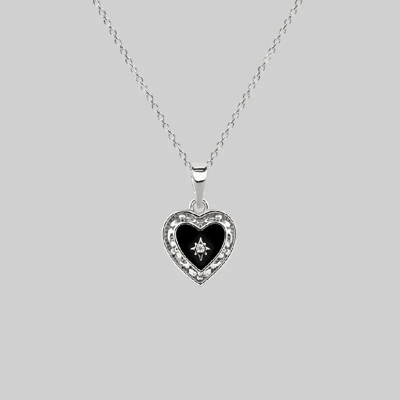 Chiseled design necklace-SOLEMN. Black Enamel Heart Necklace - Silver