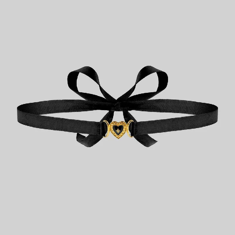 Staggered chain necklace-SOLEMN. Black Enamel Heart Satin Choker - Gold