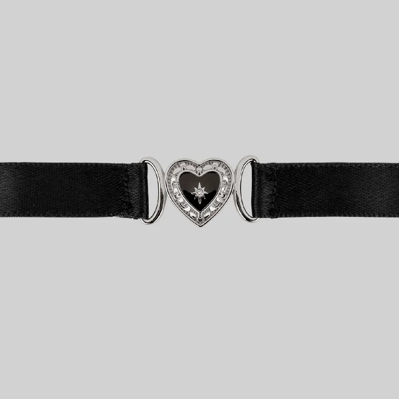 Bold moonstone necklace-SOLEMN. Black Enamel Heart Satin Choker - Silver