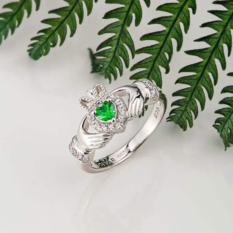 Natural pearl ring-Solvar Silver Green Heart Claddagh Ring