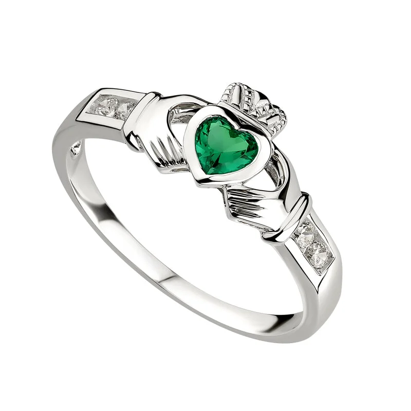 Hammered bronze ring-Silver Claddagh Emerald Ring