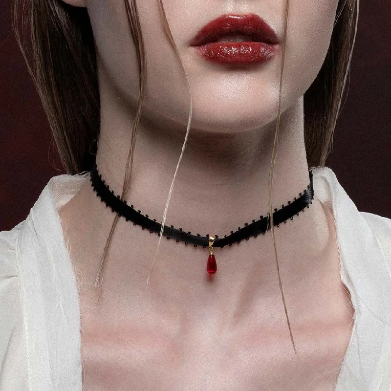 Jagged rim necklace-SORROW. Red Glass Droplet Ribbon Choker - Gold