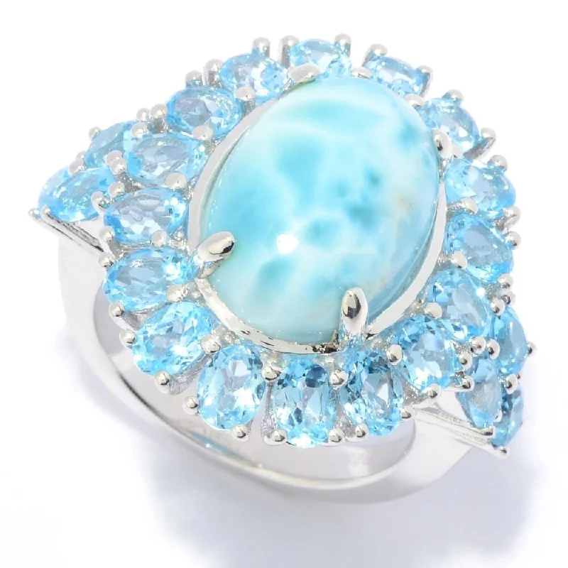 Sleek-cut ring-Sterling Silver 14 x 10mm Larimar & Blue Topaz Halo Ring