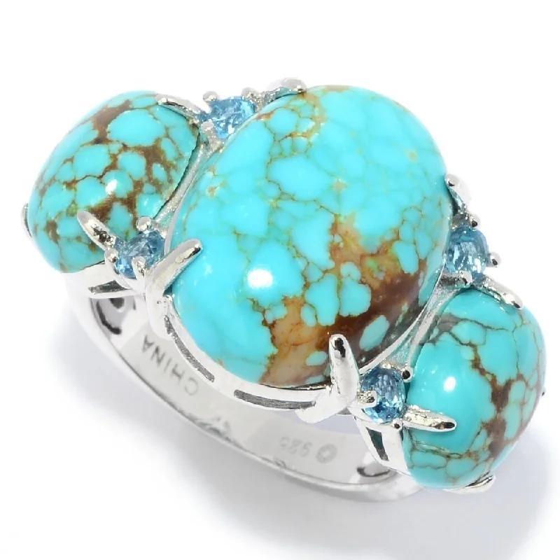 Fern frond ring-Sterling Silver 16 x 12mm Mine #8 Turquoise & Topaz 3-Stone Ring