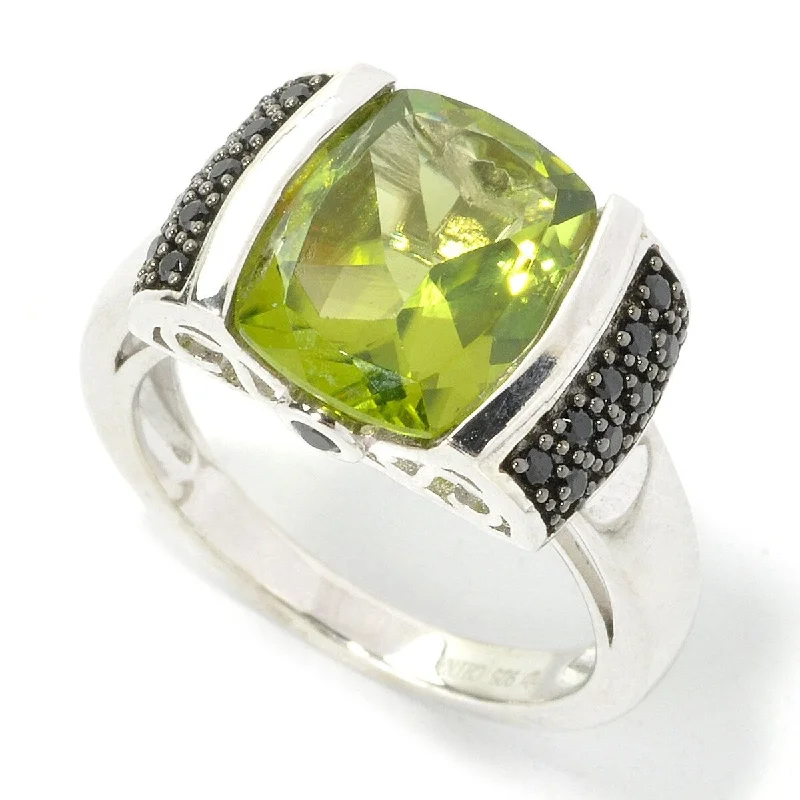 Rough amethyst ring-Sterling Silver 3.85Ctw 9Mm Cushion Peridot & Black Spinel Ring