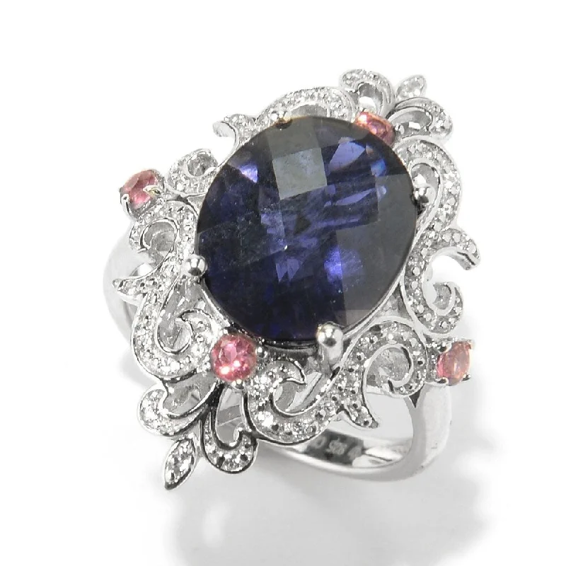 Seamless band ring-Sterling Silver 4Ctw Iolite, Pink Tourmaline & White Zircon Cocktail Ring