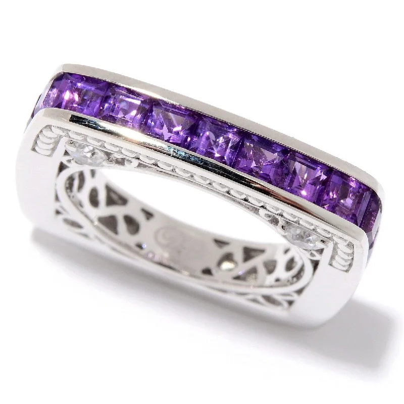 Bold emerald ring-Sterling Silver African Amethyst & White Zircon Square Band Ring