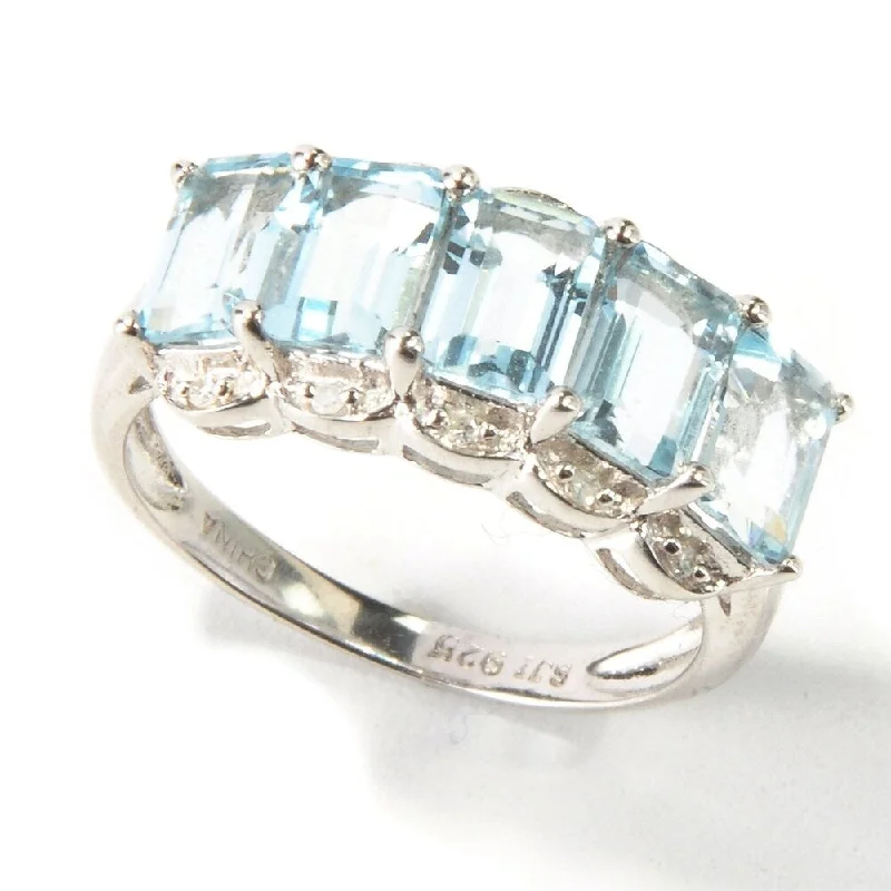 Grooved band ring-Sterling Silver Aquamarine & Diamond Ring - Blue