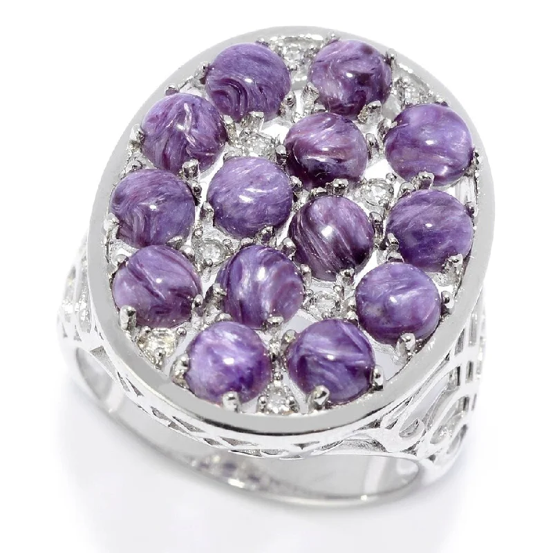 Rich marble ring-Sterling Silver Charoite & White Topaz Oval Shaped Ring