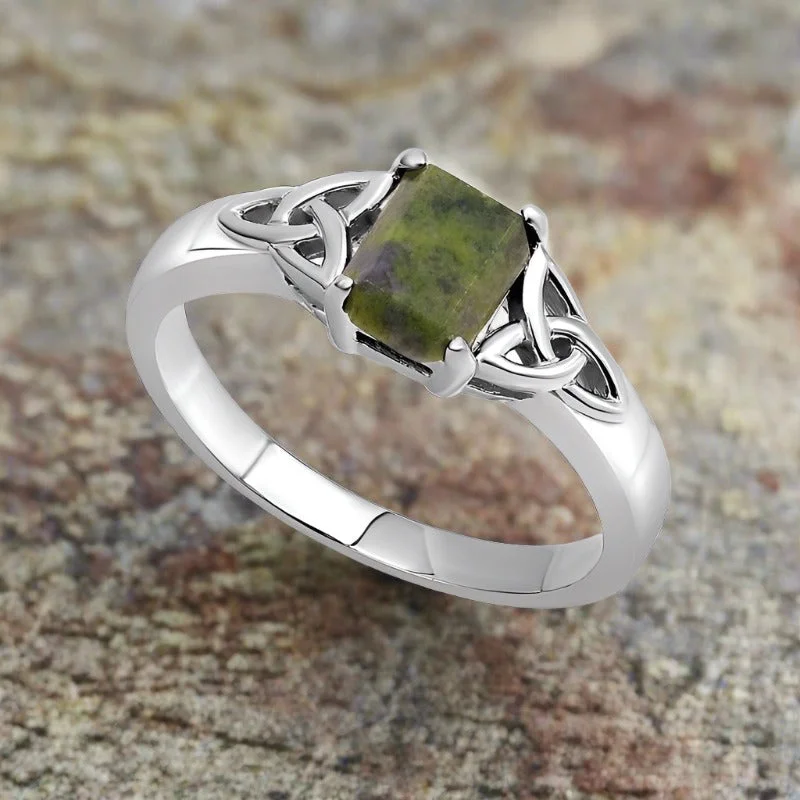 Skewed stone ring-Sterling Silver Connemara Marble Trinity Knot Ring