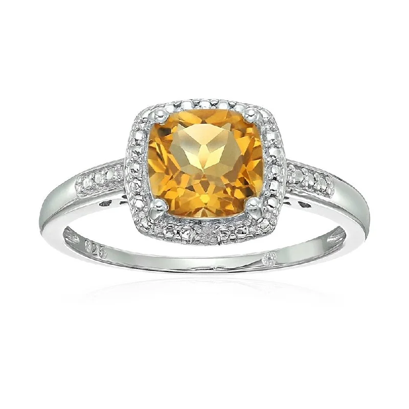 Open-dusk ring-Sterling Silver Cushion Citrine and Diamond Ring - Yellow