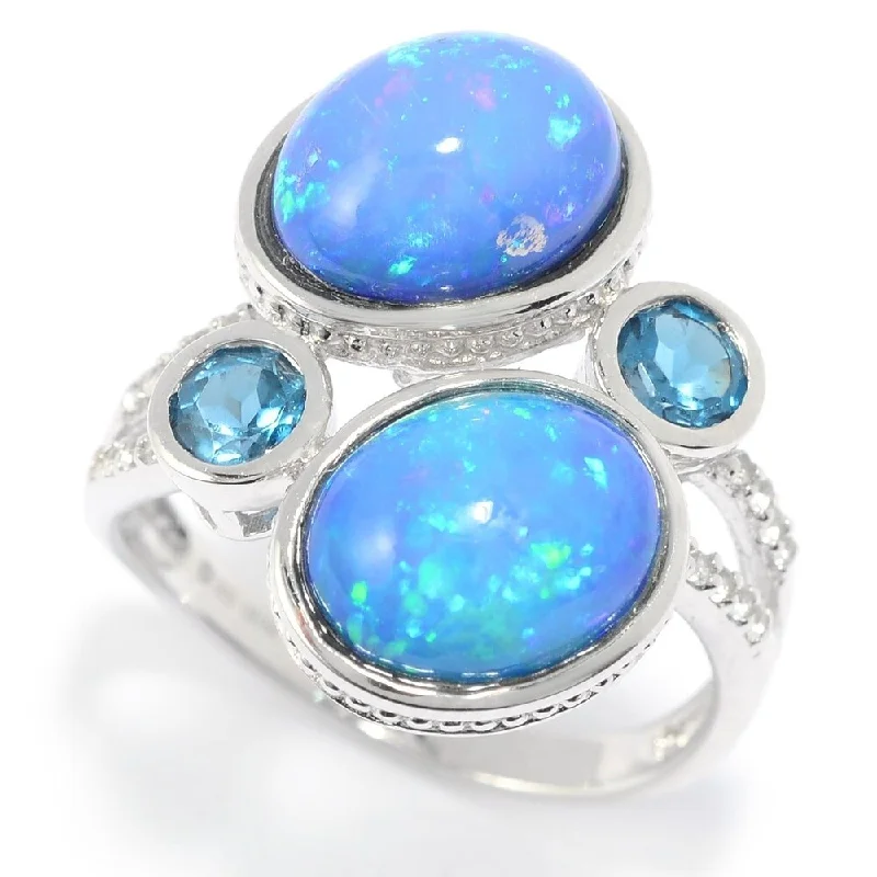 Sleek-cut ring-Sterling Silver Ethiopian Opal Doublet & BlueColor Topaz Ring