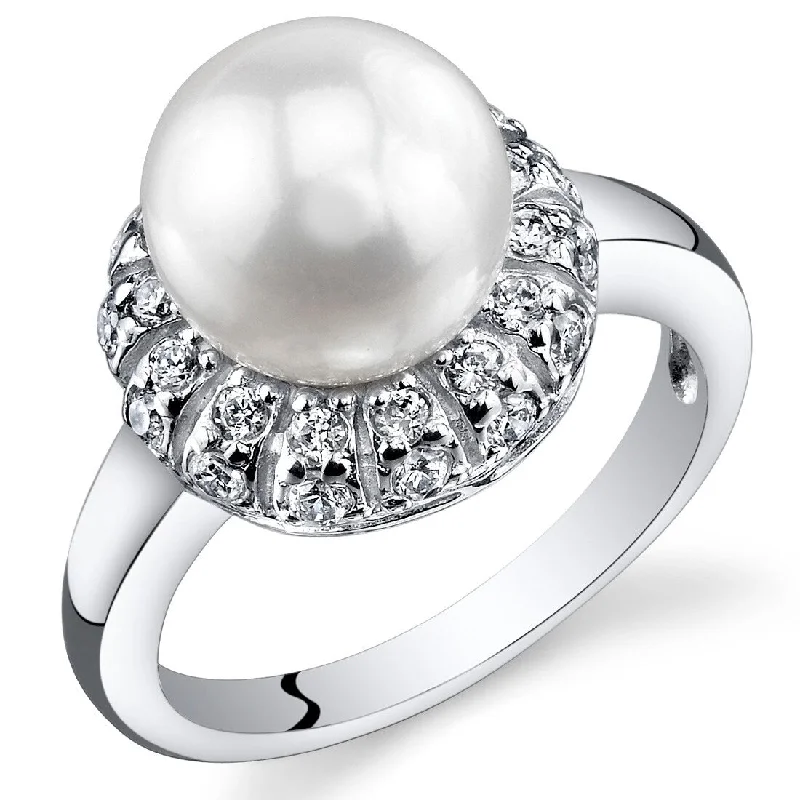 Pierced design ring-Sterling Silver Flower Style White Freshwater Pearl Ring 8.5-9mm