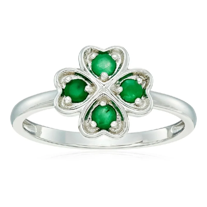 Rugged stone ring-Sterling Silver Genuine Emerald Clover Ring, Size 7